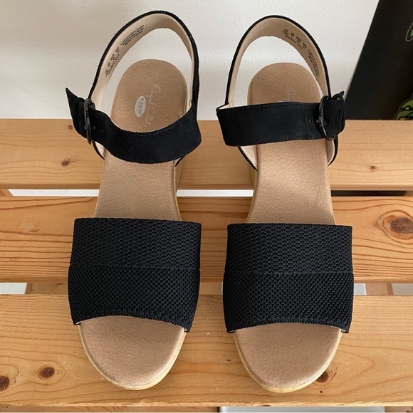 Dr. Scholl's Black Brickell Leather Eco Knit Faux Wood Heeled Platform Sandal - Picture 4 of 14